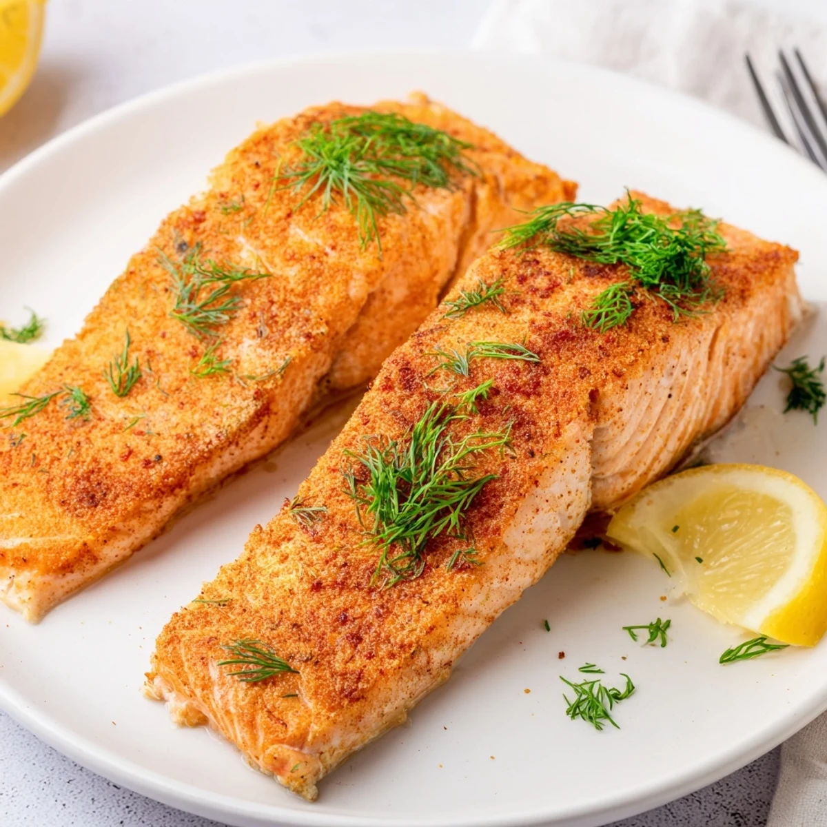 Golden Air Fryer Salmon fillets with crispy seasoned exterior and tender flaky fish