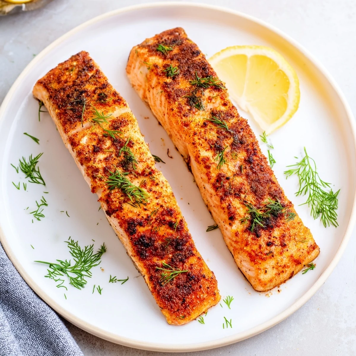 Perfectly cooked Air Fryer Salmon garnished with fresh dill and lemon wedges