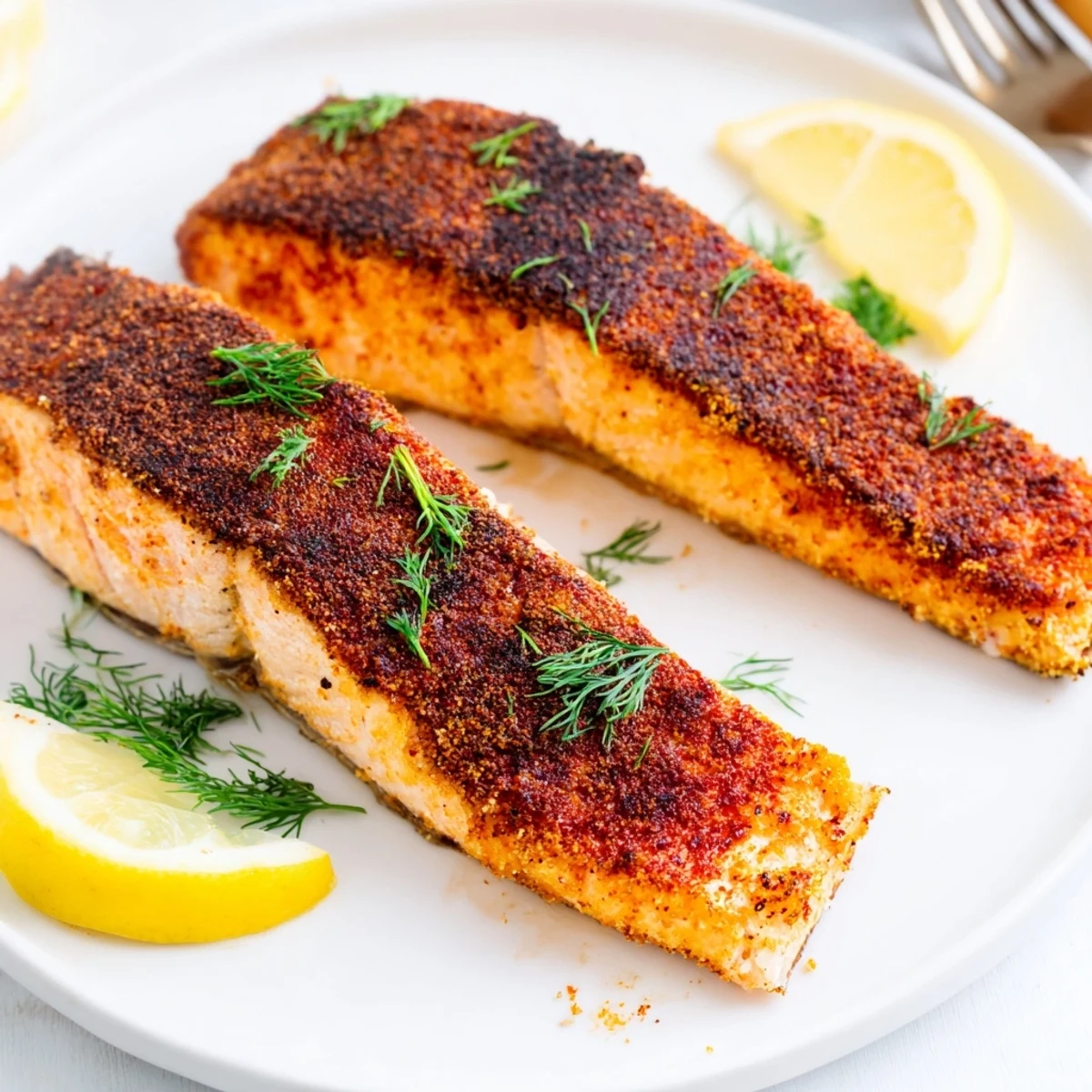 Juicy Air Fryer Salmon with smoky paprika crust served on white plate