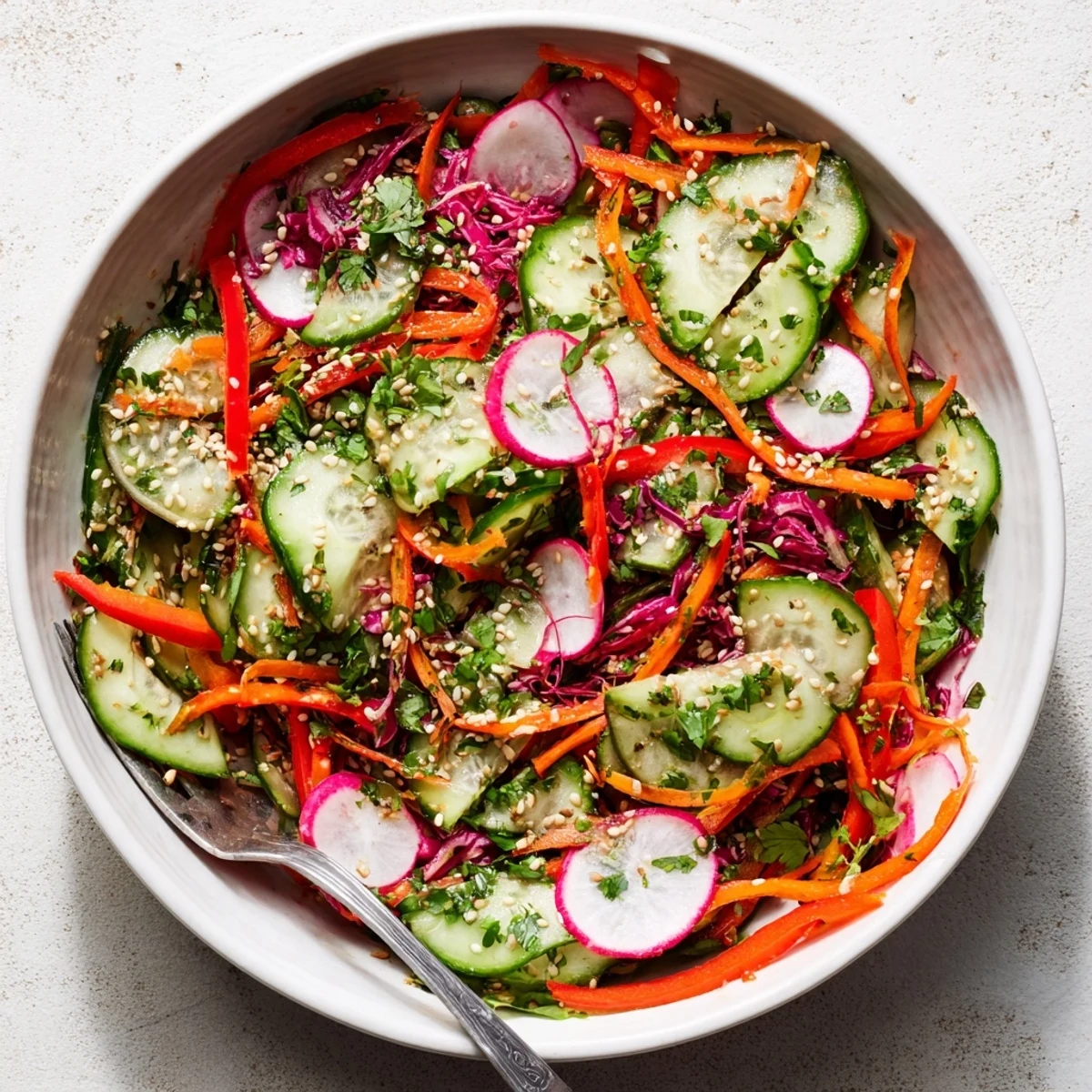 Creamy Asian cucumber salad bowl with crisp vegetables and sesame dressing in white serving bowl