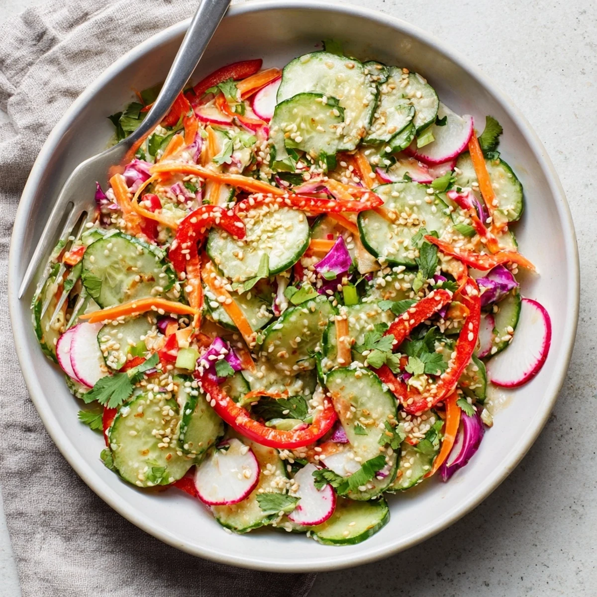Vibrant cucumber salad bowl featuring colorful vegetables drizzled with creamy sesame sauce and sesame seeds