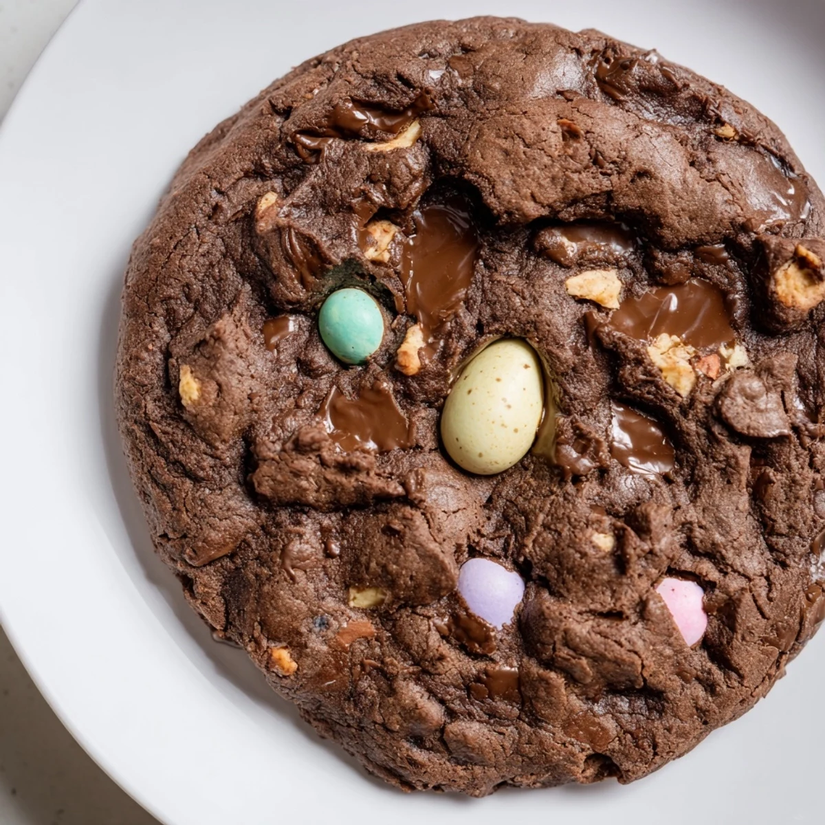Soft Easter chocolate cookies topped with colorful candy eggs and melting chocolate chips