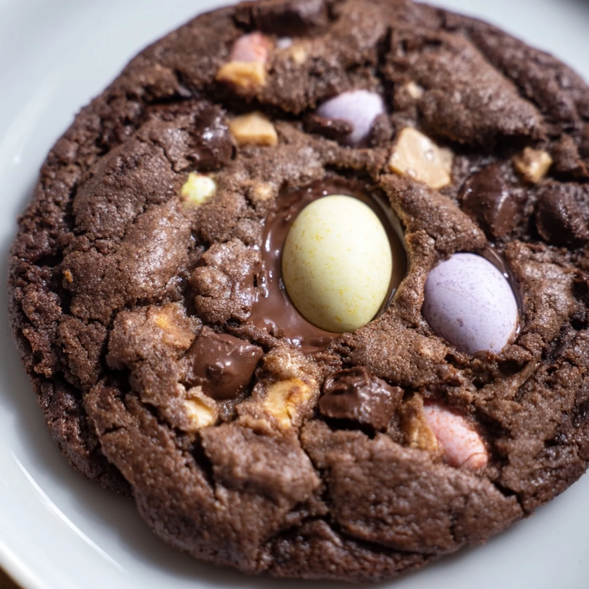 Rich cocoa Easter chocolate cookies decorated with pastel candy-coated eggs for spring
