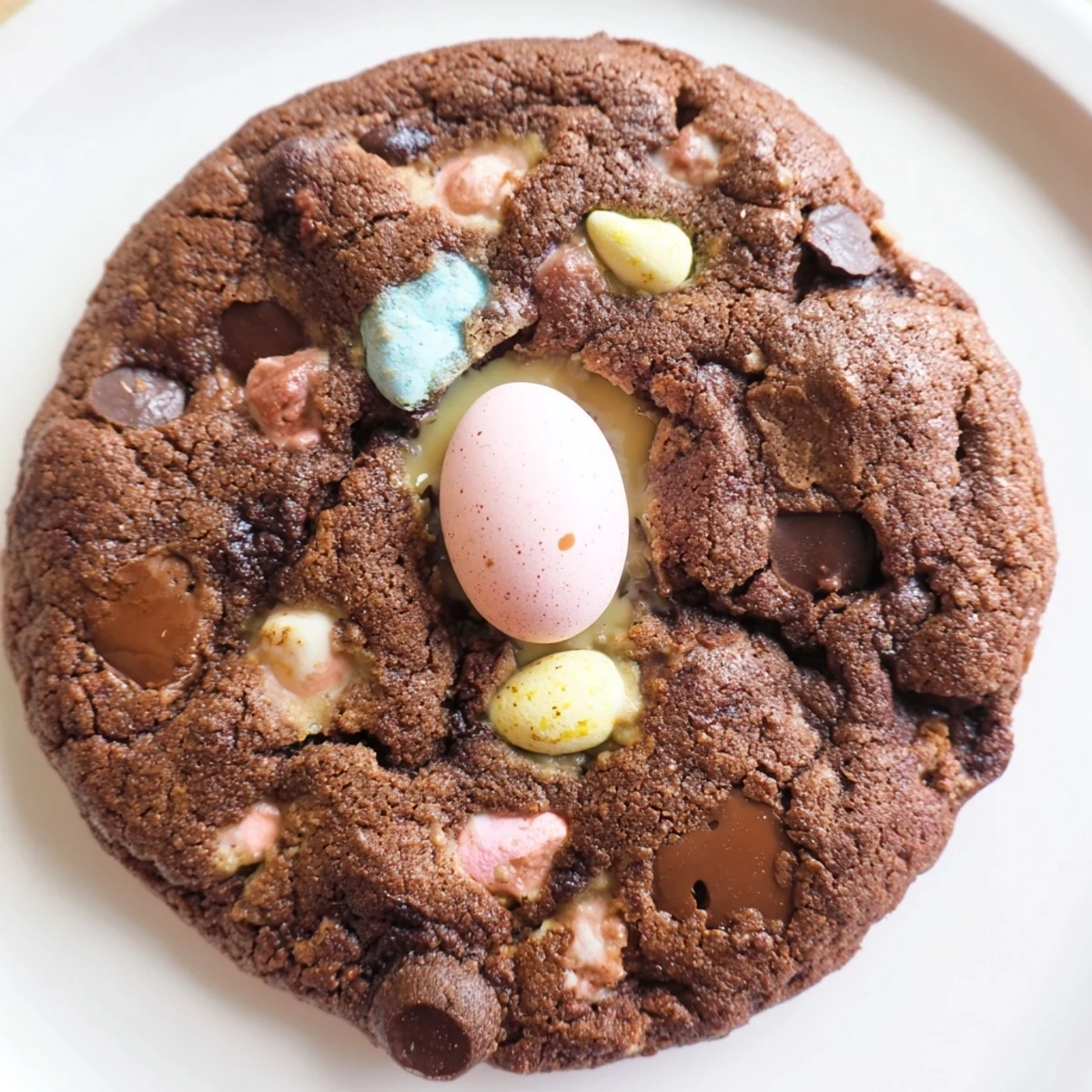 Chewy Easter chocolate cookies studded with chips and topped with festive mini eggs