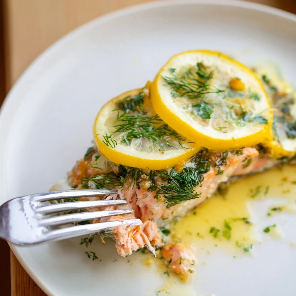 Tender oven baked salmon with flaky texture topped with bright lemon slices and herbs