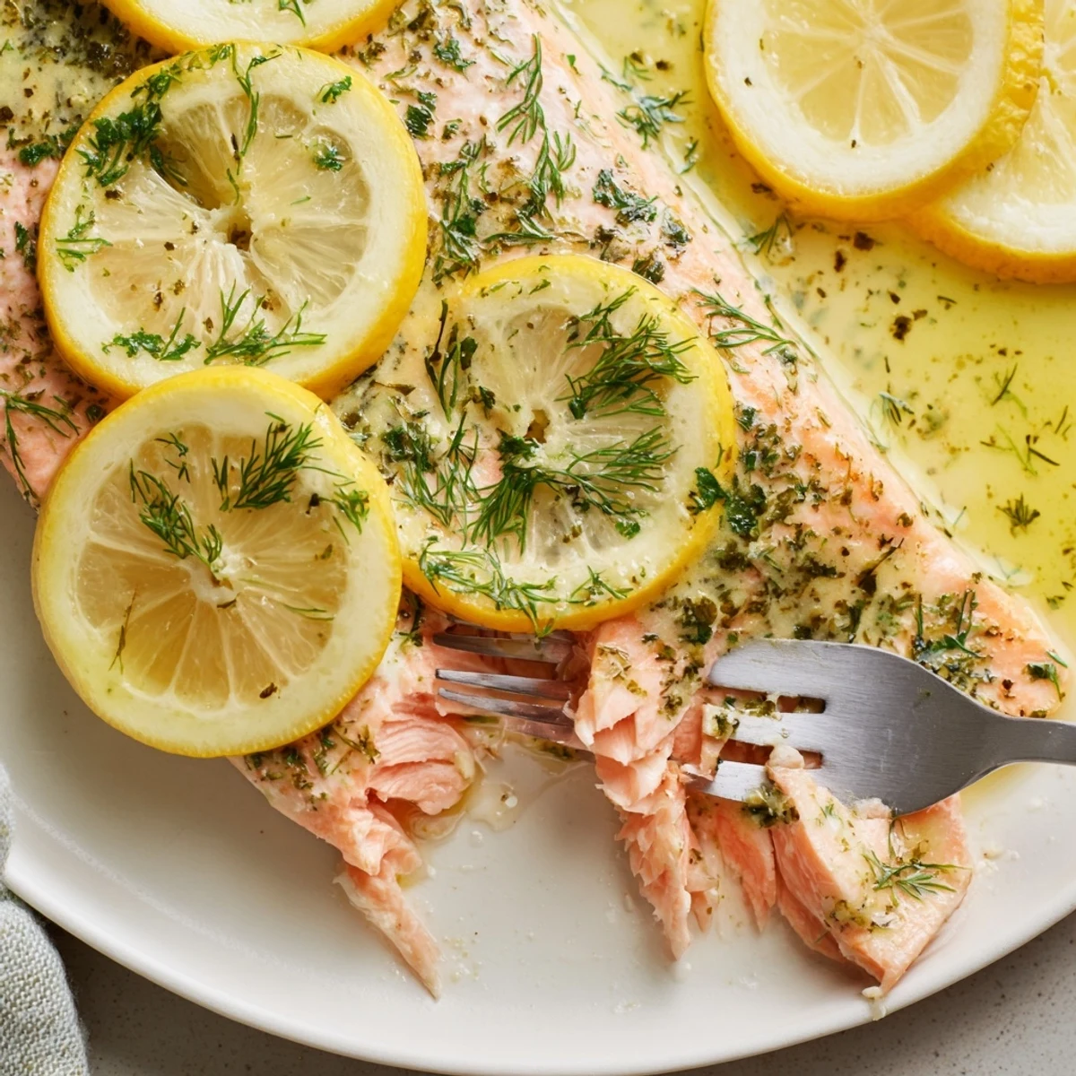 Golden baked salmon fillets glazed with lemon garlic butter and fresh dill garnish