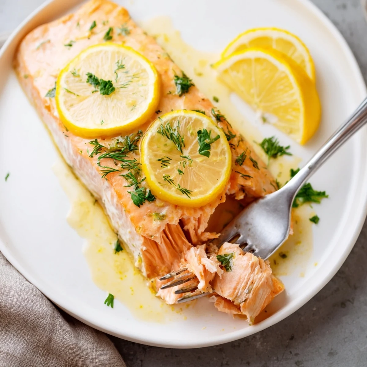 Perfectly baked salmon fillet with crispy edges served on white plate with parsley