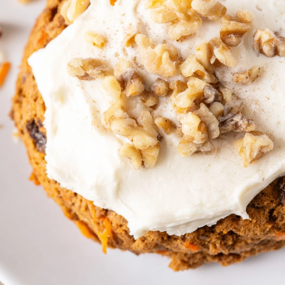 Soft carrot cake cookies topped with creamy white frosting and sprinkled with chopped walnuts