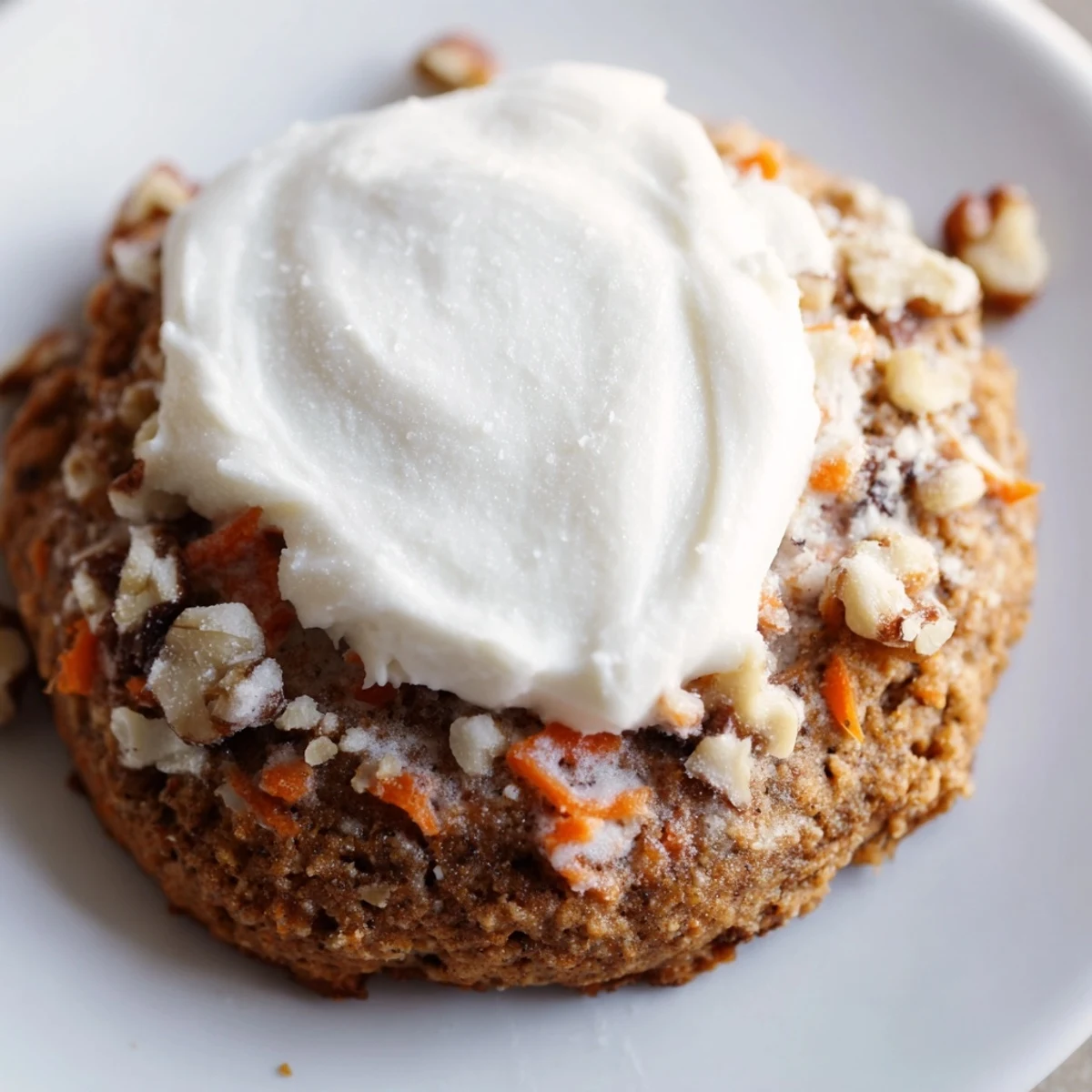 Freshly baked carrot cake cookies with visible shredded carrots and oats beneath sweet frosting