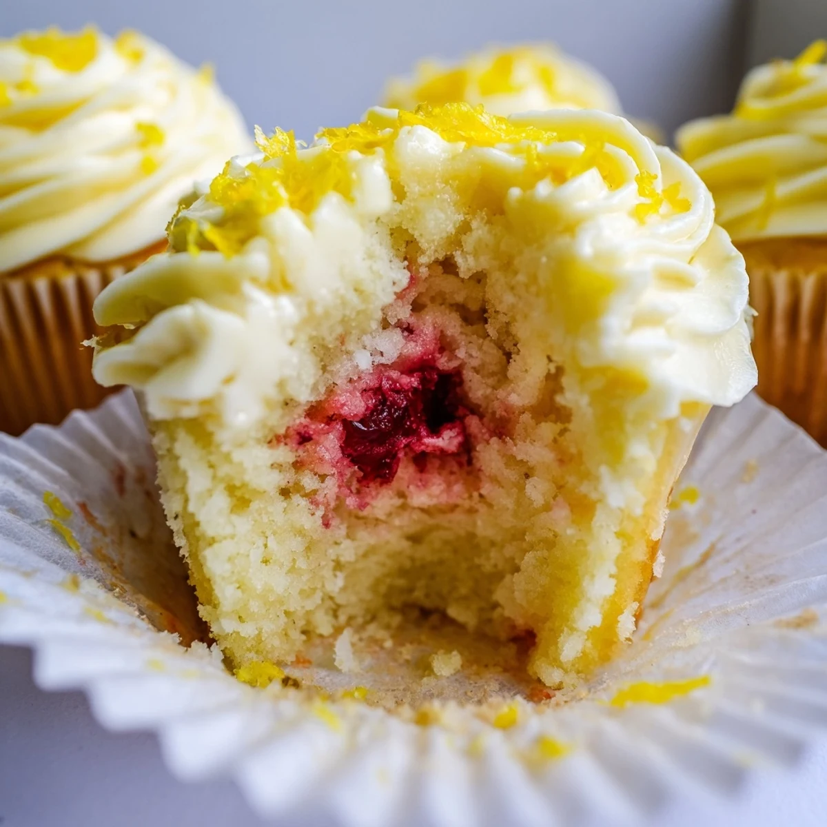 Golden moist lemon cupcakes topped with fluffy buttercream frosting and fresh raspberry centers