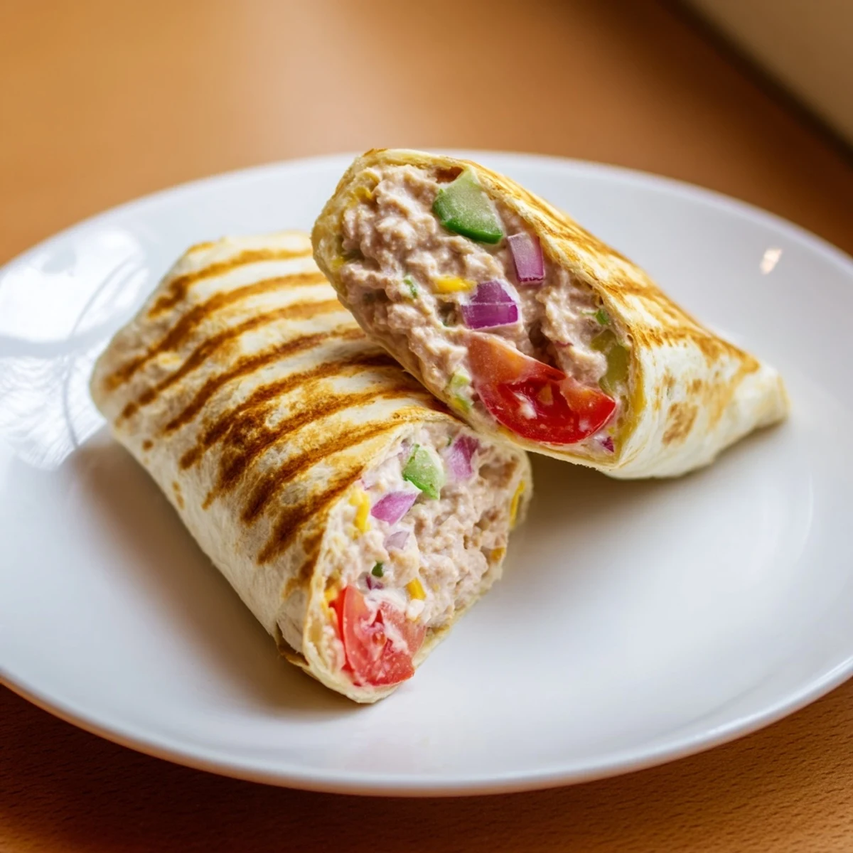 Warm flour tortilla filled with savory tuna mixture and gooey cheese toasted to perfection