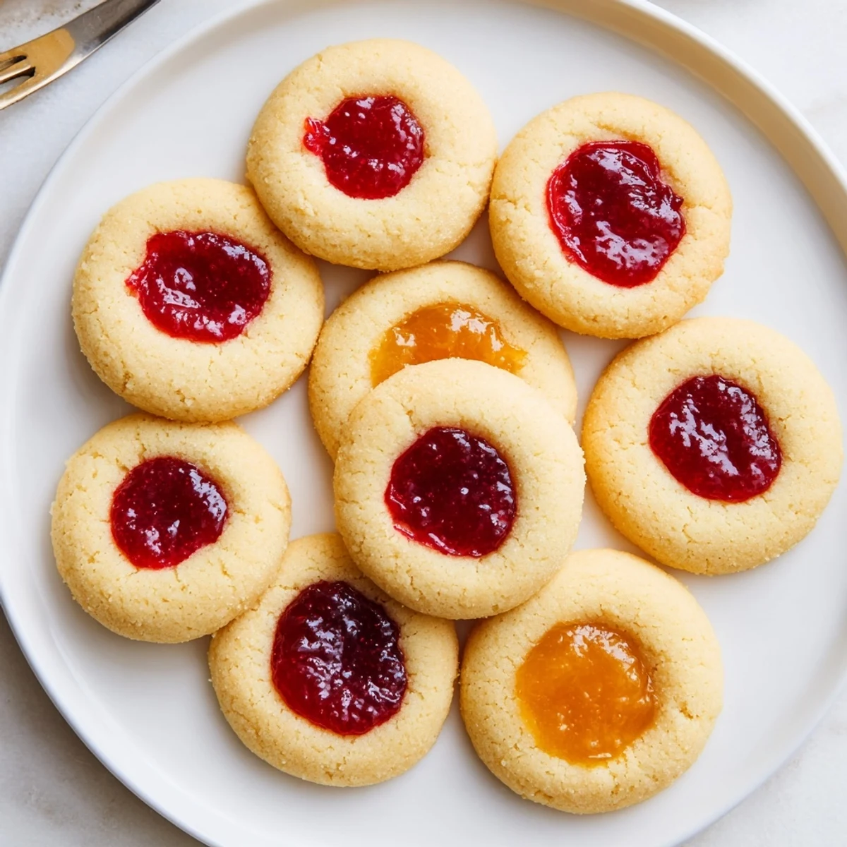 Buttery thumbprint cookies with colorful fruit preserves cooling on a wire rack