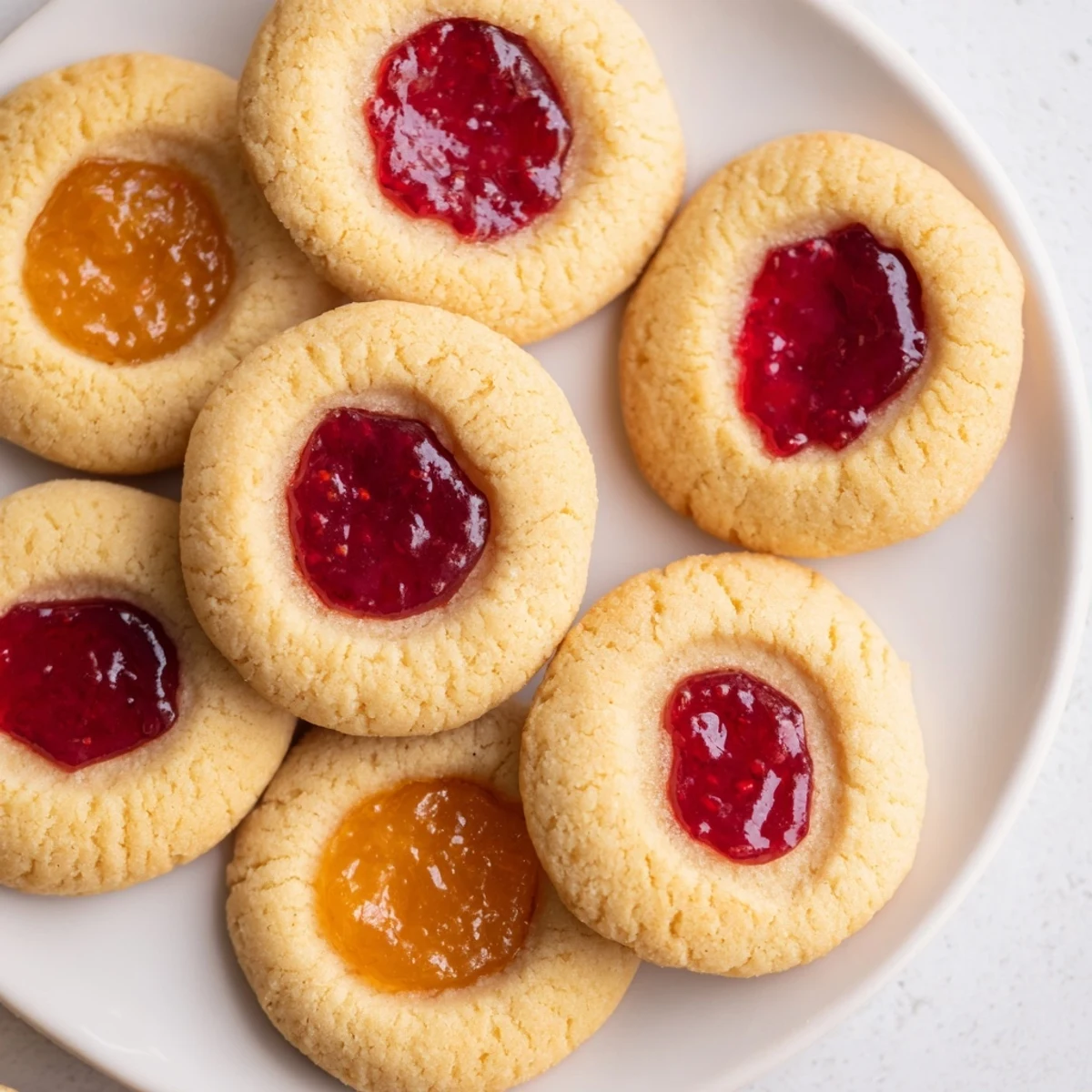 Golden fruity thumbprint cookies filled with raspberry jam on a white baking sheet