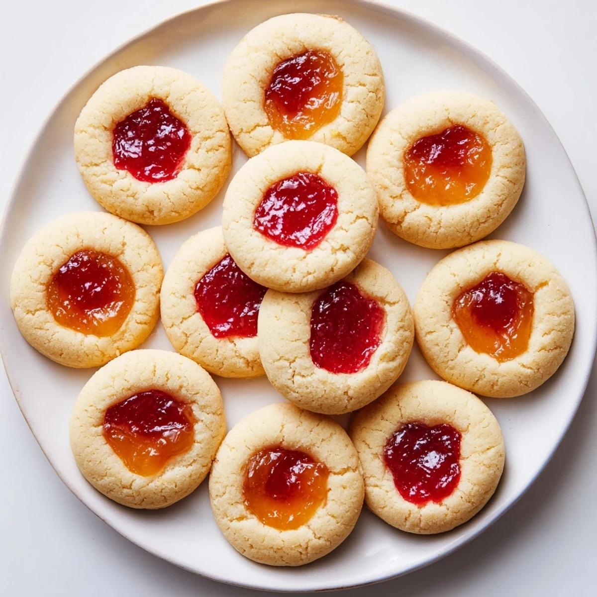Soft homemade thumbprint cookies topped with vibrant strawberry and apricot jams