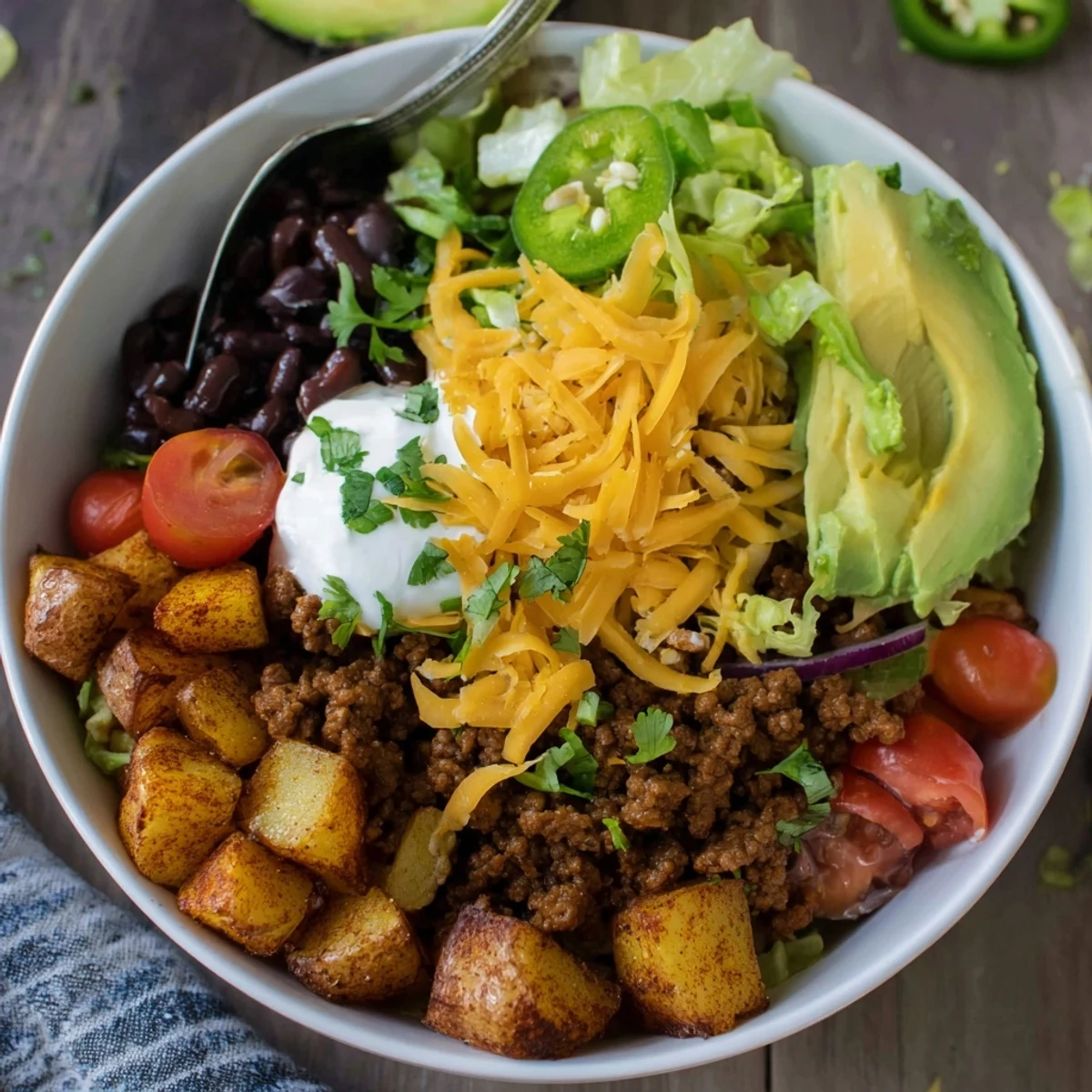 Golden roasted potatoes topped with seasoned taco beef and colorful fresh vegetables in a loaded potato taco bowl
