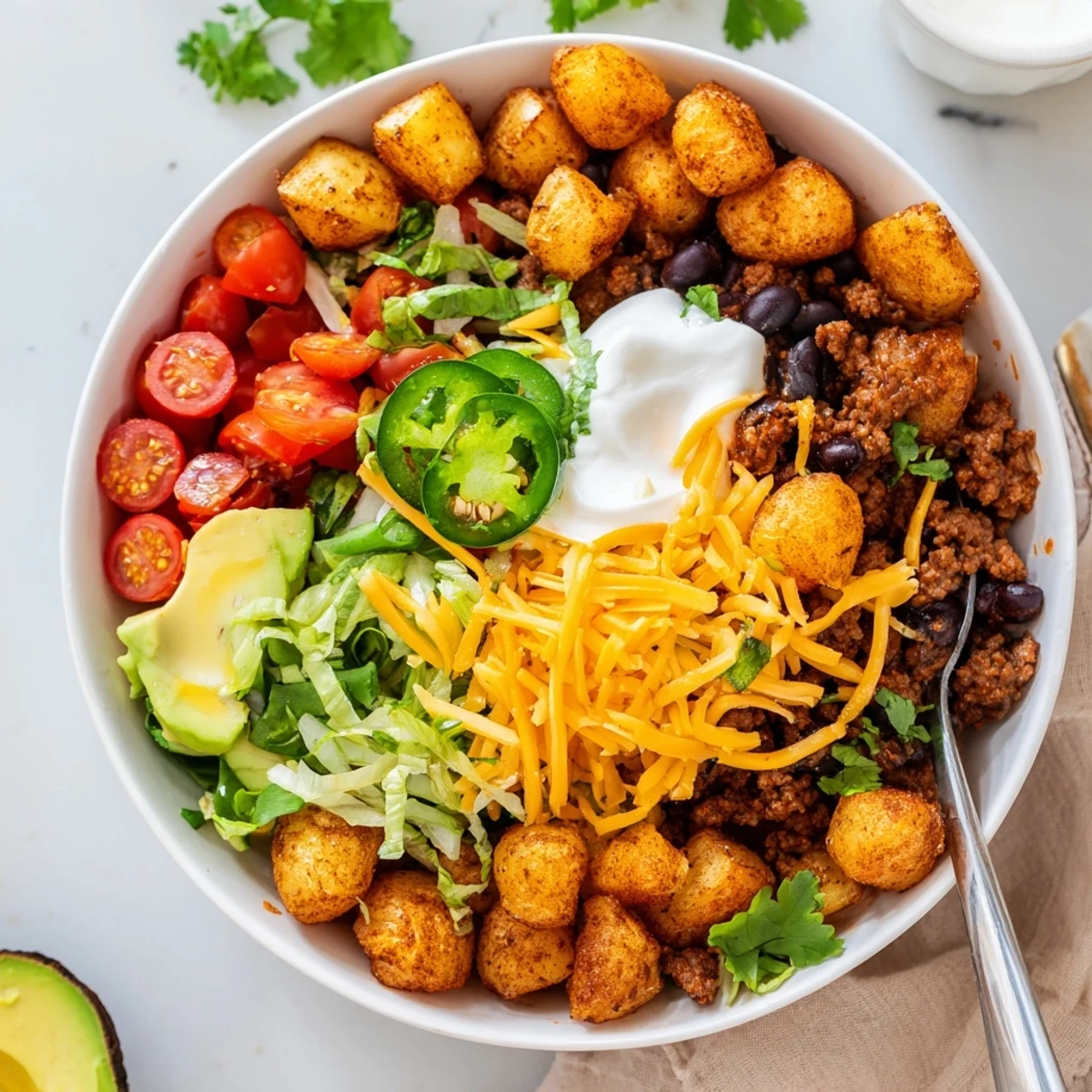 Satisfying loaded potato taco bowl arranged with fluffy potatoes, seasoned meat, beans, lettuce, tomatoes, and creamy garnishes