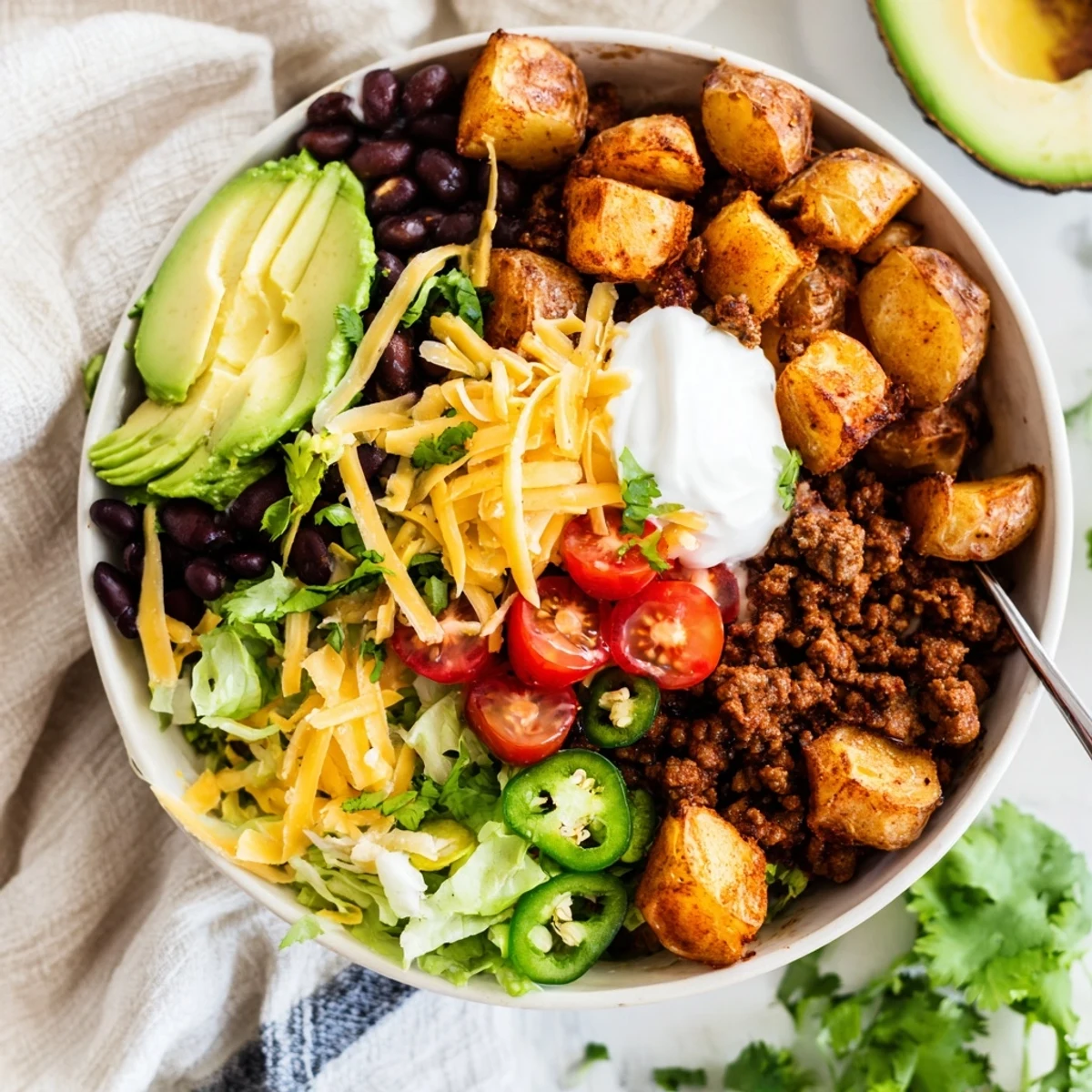 Hearty loaded potato taco bowl featuring crispy spiced potatoes, ground beef, cheese, avocado, and vibrant Tex-Mex toppings
