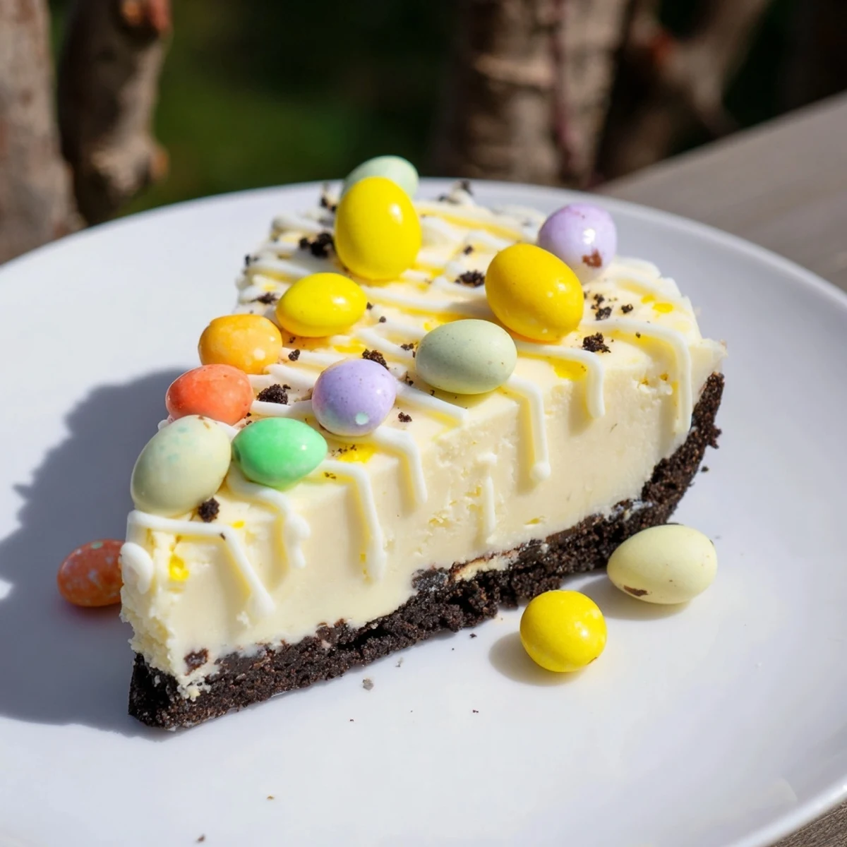 Rich chocolate crusted Easter Egg Cheesecake decorated with pastel candy eggs for spring dessert