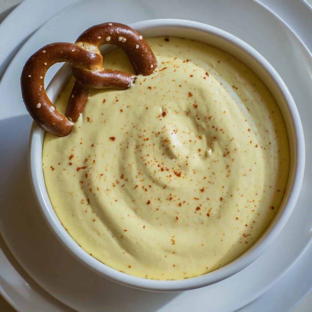 Creamy melted cheese dip for pretzels being poured over twisted salted pretzel knots