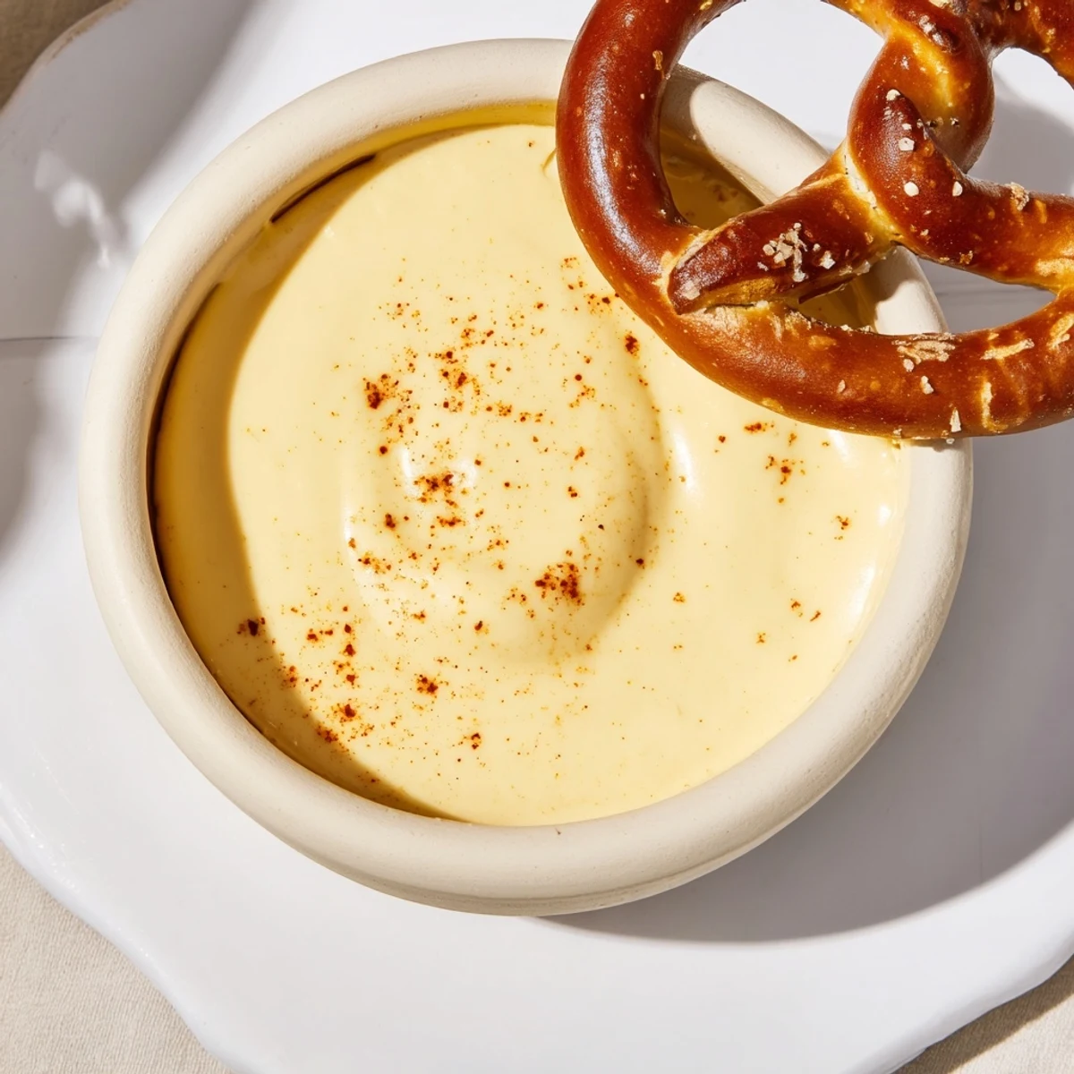 Golden cheese dip for pretzels served in a white bowl with a soft pretzel