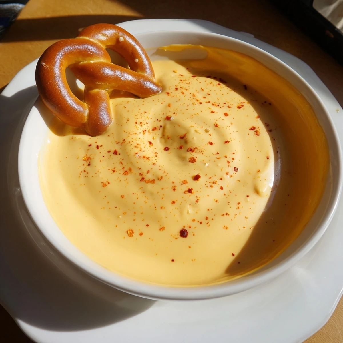 Rich homemade cheese dip for pretzels garnished with paprika beside warm pretzel rods