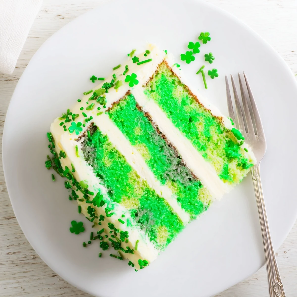 Festive green layered St. Patricks Day cake with fluffy vanilla frosting and sprinkles