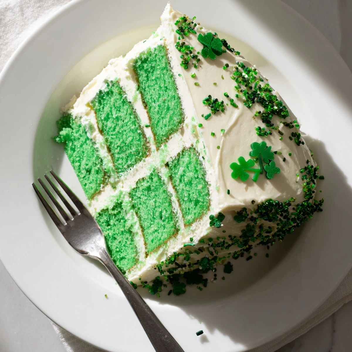 St. Patricks Day cake slice revealing green-tinted layers and smooth vanilla frosting top