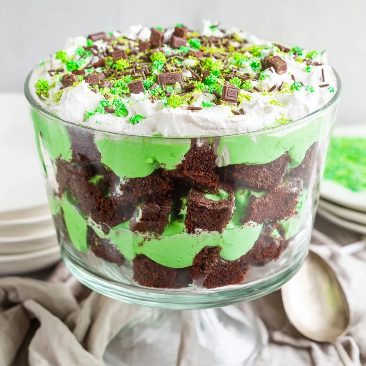 Glass trifle bowl showcasing layered St. Patricks Day Brownie Trifle with chocolate brownie chunks, bright green pistachio pudding, and fluffy whipped cream topped with green sprinkles.