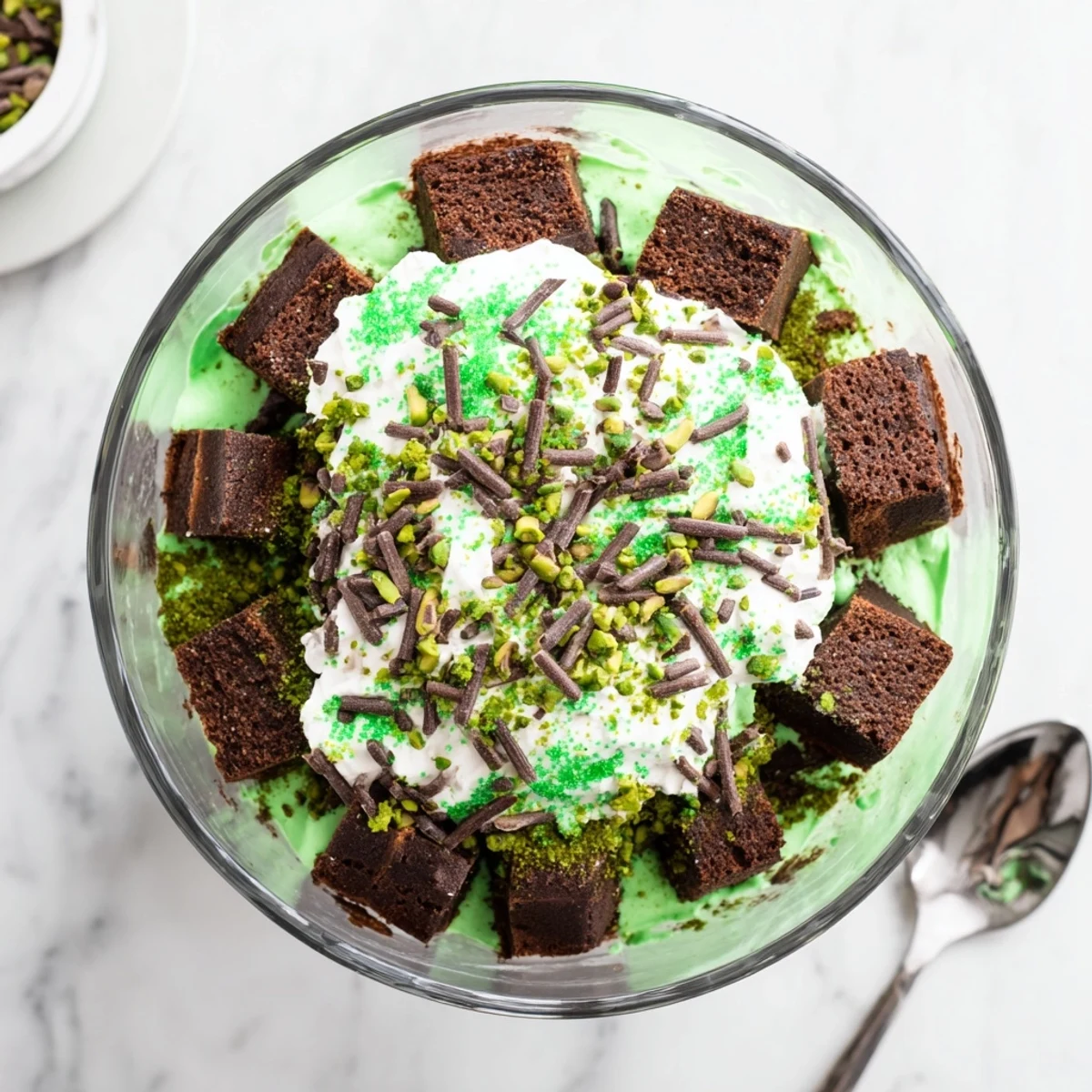 Festive St. Patricks Day Brownie Trifle displayed in clear glass, revealing alternating layers of rich fudgy brownies, creamy green pudding, and sweet vanilla whipped cream.