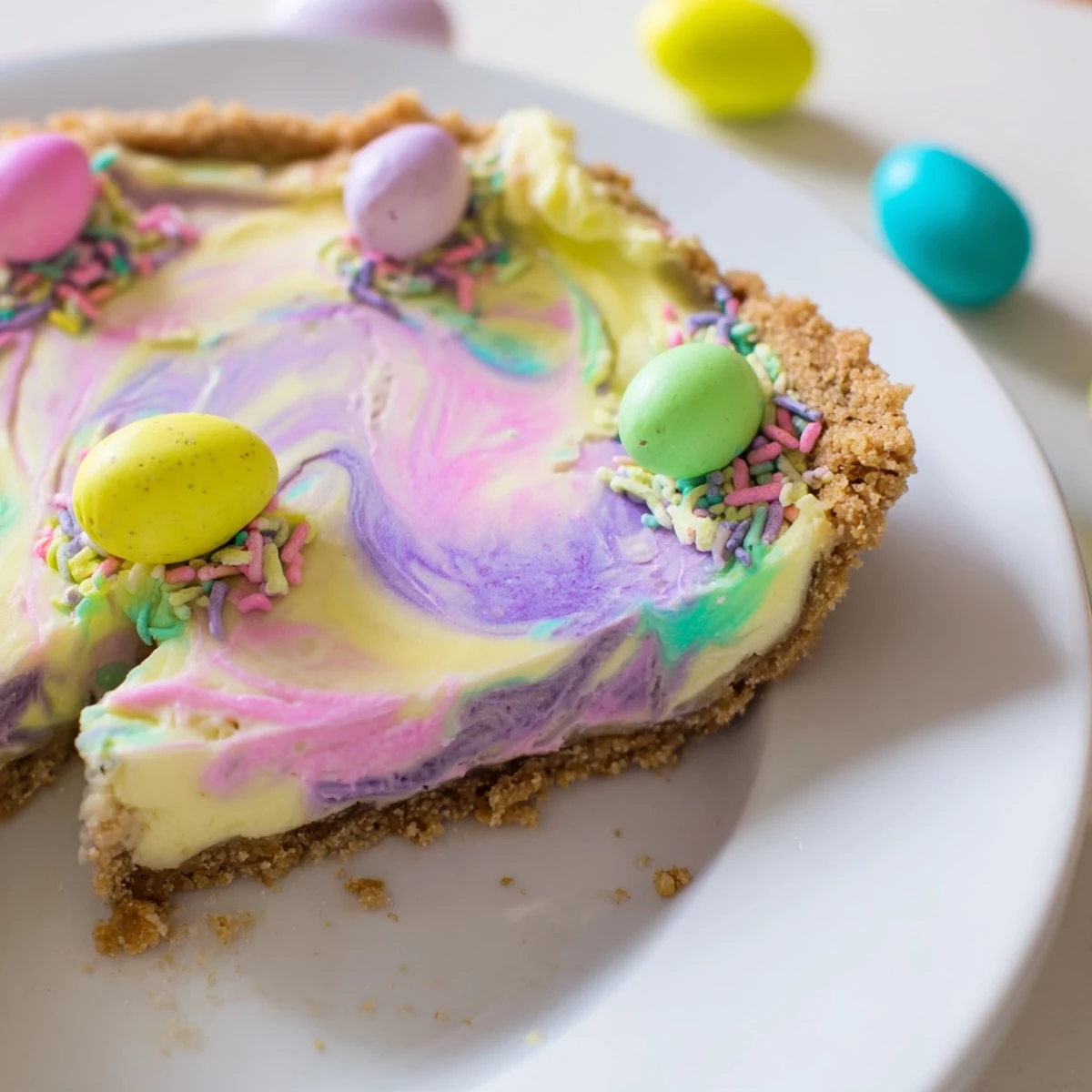 Golden Easter Swirl Pie with pastel marbled cream cheese filling in graham cracker crust