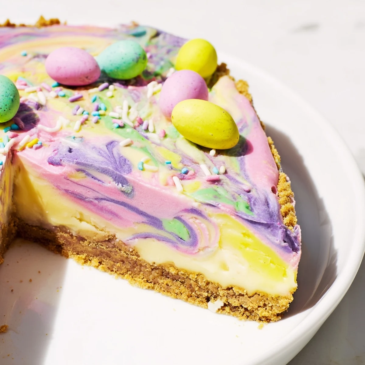 Sliced Easter Swirl Pie showing marbled pastel colors on white plate with spring sprinkles