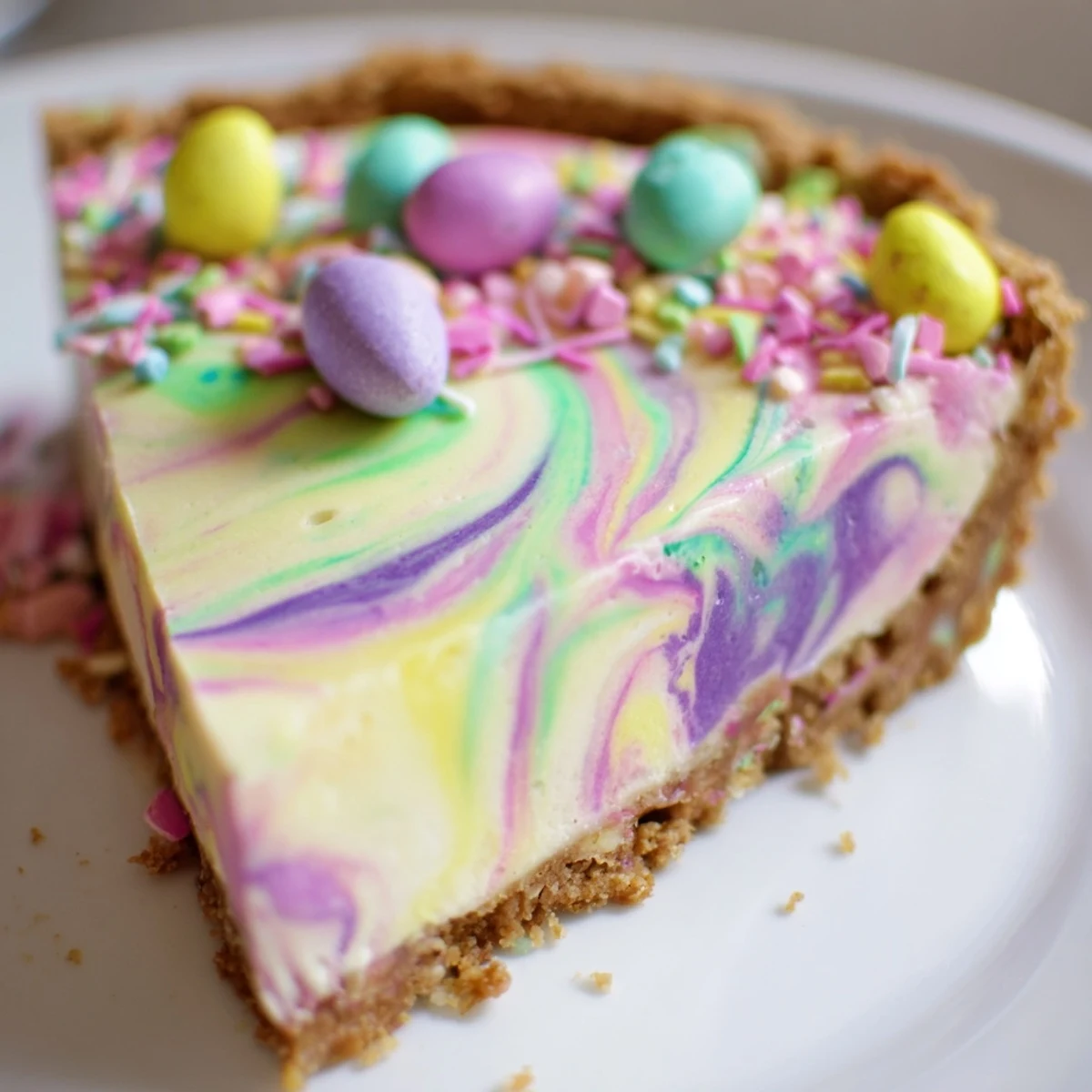Creamy Easter Swirl Pie featuring pink and purple vanilla mascarpone swirls on cookie crust
