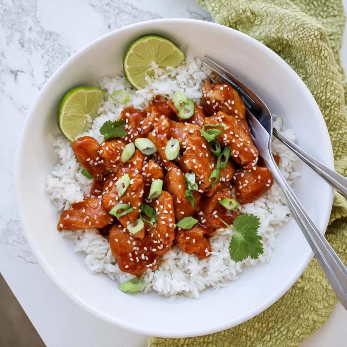 Golden chicken thighs glazed in spicy maple sauce atop fluffy white coconut rice garnished with fresh cilantro