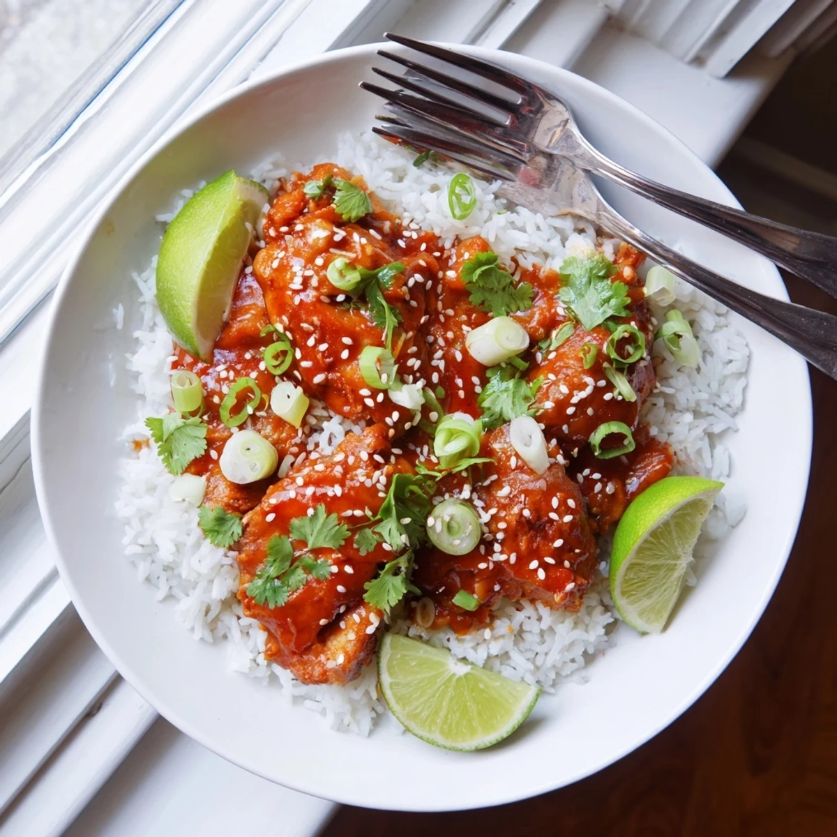 Caramelized Spicy Maple Chicken with Coconut Rice plated with lime wedges sesame seeds and sliced green onions