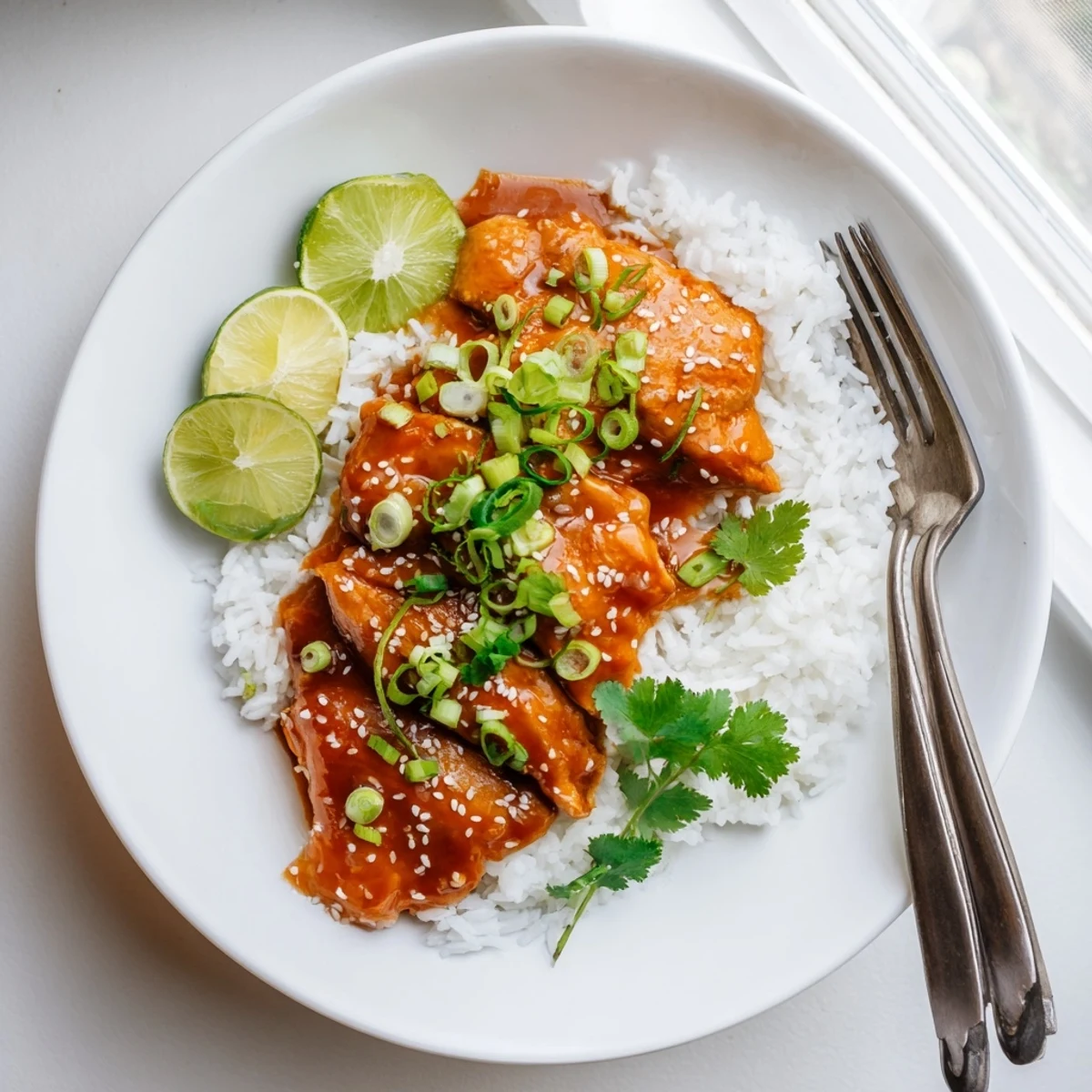 Tender chicken pieces coated in sweet spicy maple glaze served over creamy coconut rice with vibrant herbs