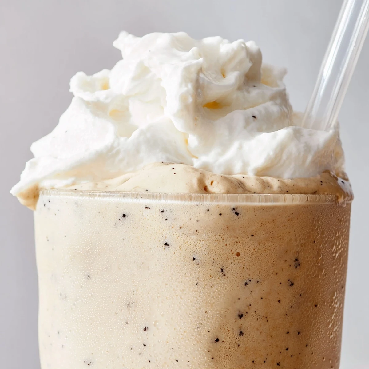 Creamy vanilla bean frappuccino topped with fluffy whipped cream in a chilled glass