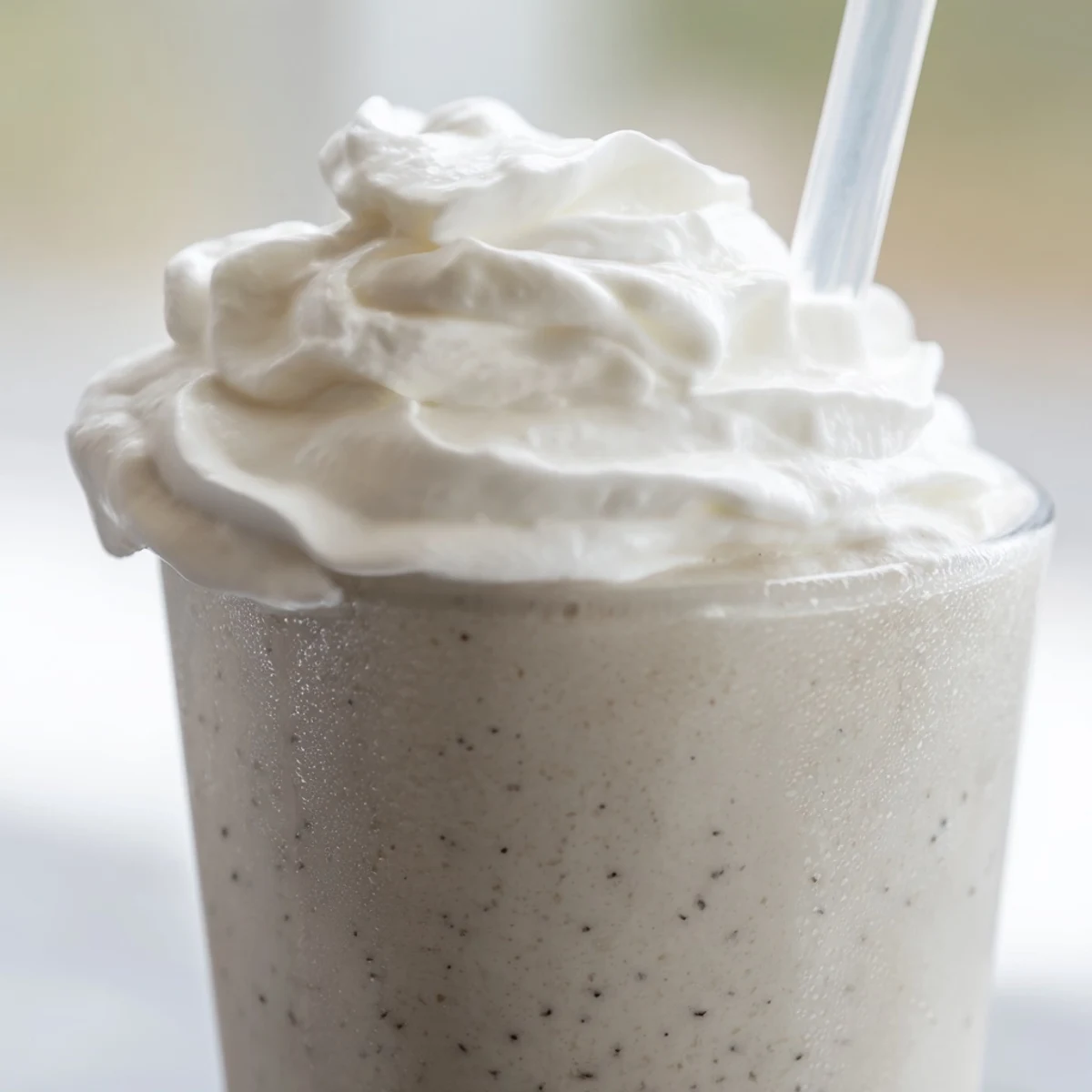Homemade vanilla bean frappuccino with dollop of sweetened cream and vanilla speckles visible