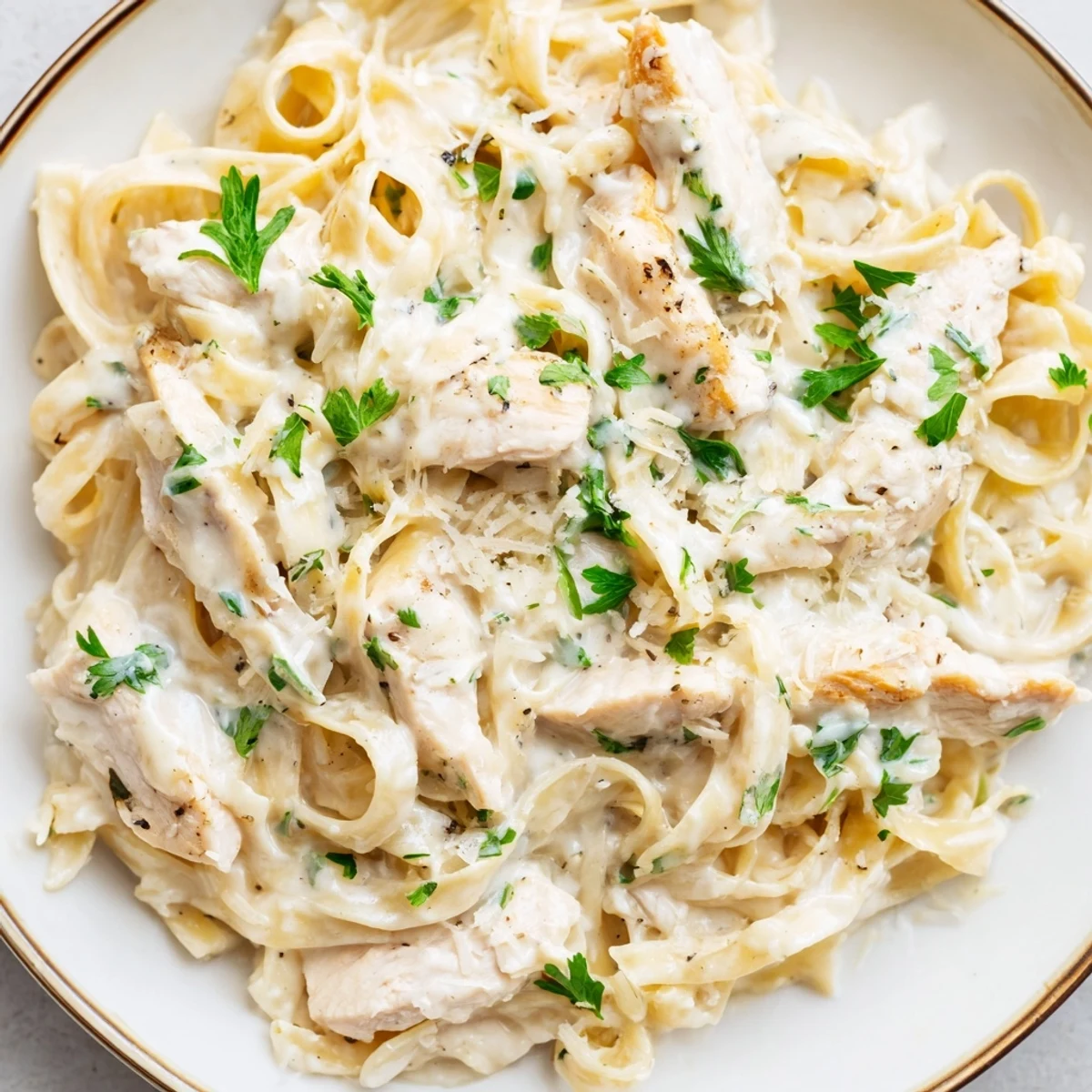 Golden sliced chicken resting on a bed of cheesy garlic parmesan pasta in a rustic bowl.