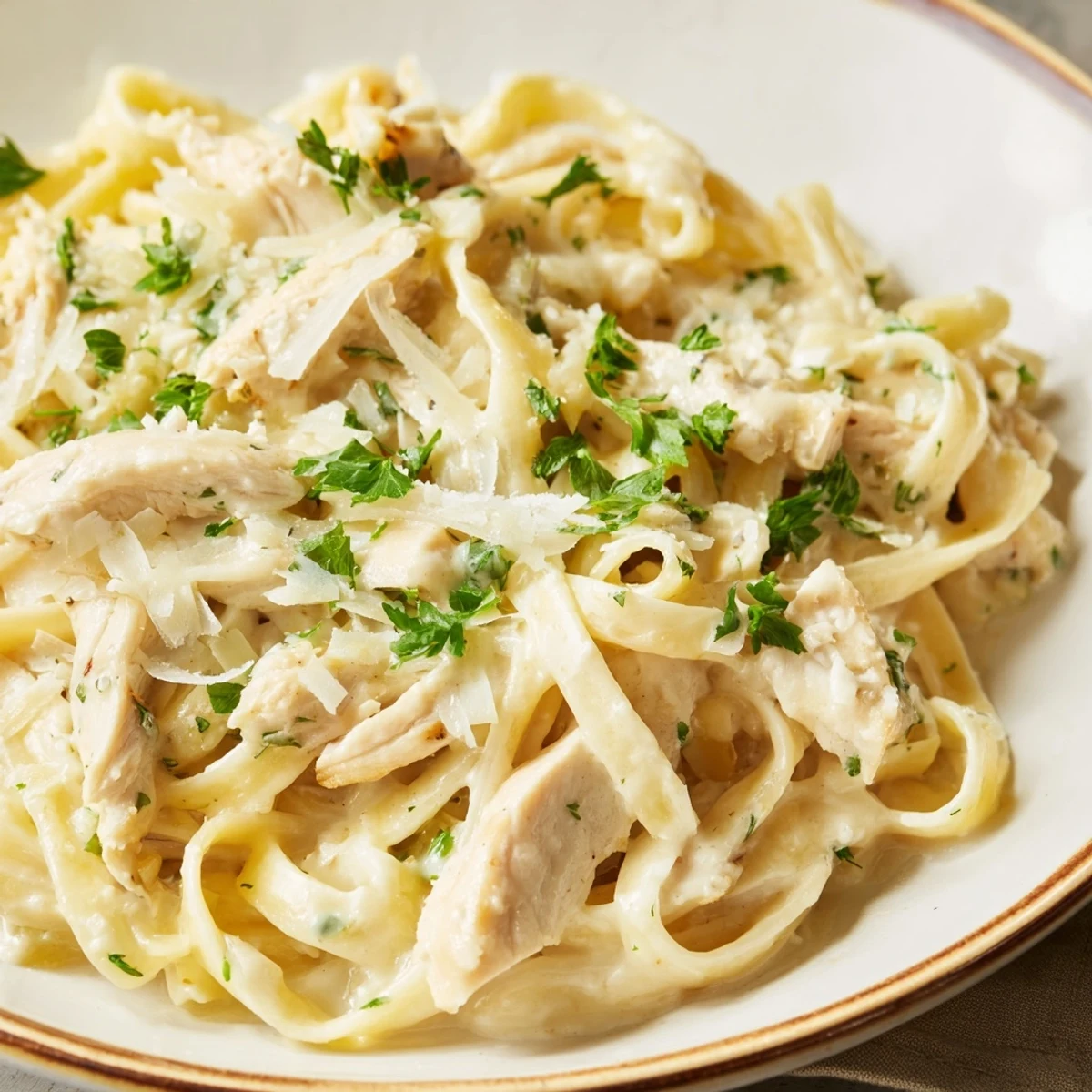 Steaming plate of garlic parmesan chicken pasta featuring tender strips and parmesan shavings on top.