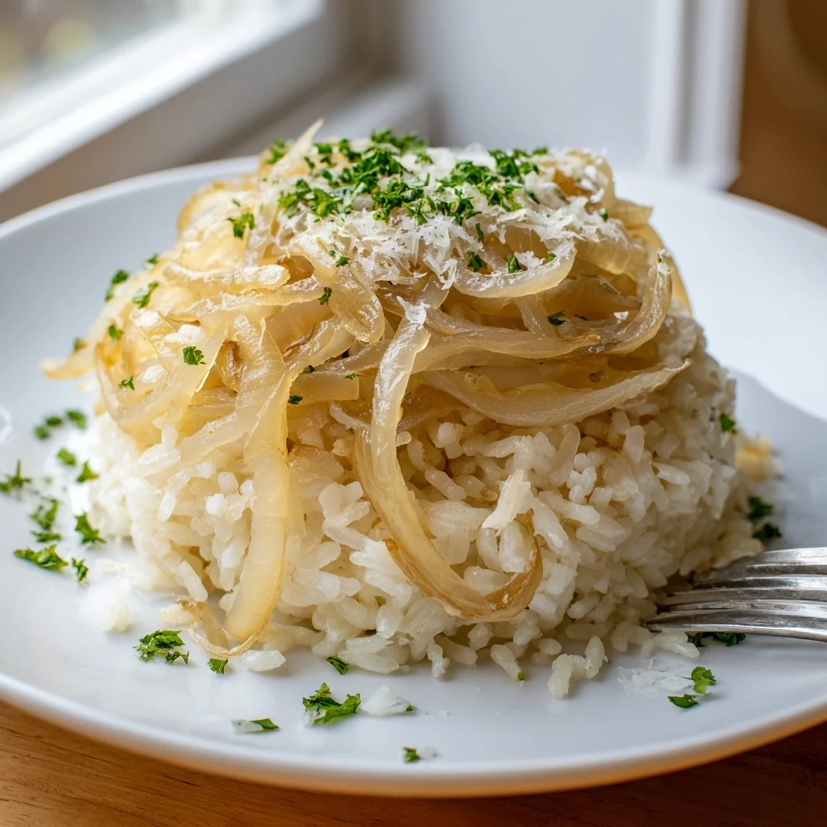 Golden French onion butter rice with caramelized onions and fresh parsley garnish in a white bowl