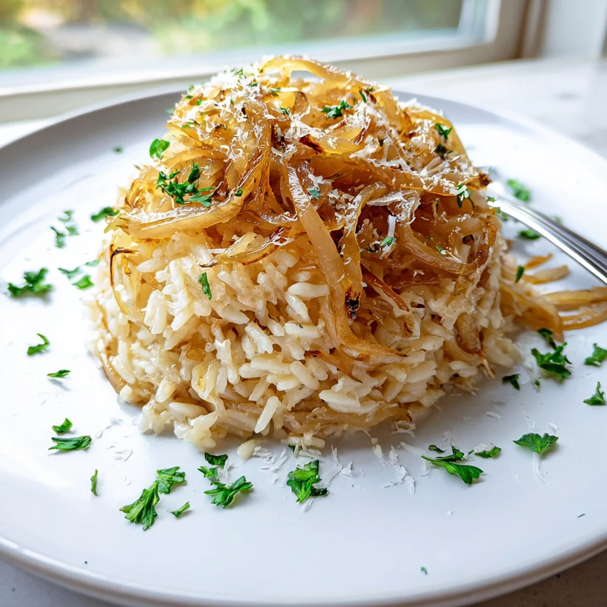 Creamy French onion butter rice topped with grated Gruyère cheese and chopped herbs on a dinner plate