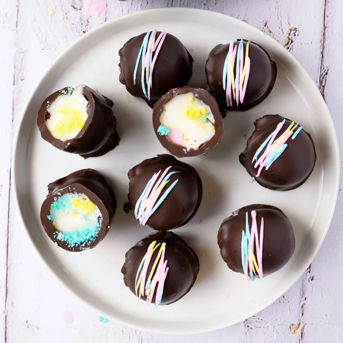 Creamy Cool Whip Easter eggs coated in glossy chocolate with colorful pastel sprinkles for holiday dessert platters