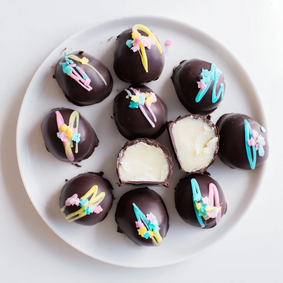 Homemade Cool Whip Easter eggs in pastel colors displayed on Easter serving tray with whipped cream center visible
