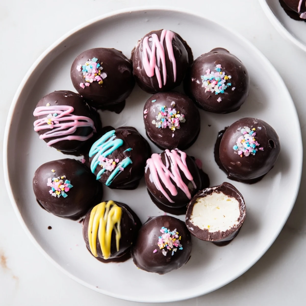 Chocolate-dipped Cool Whip Easter eggs on white plate showing smooth creamy filling and festive spring decorations