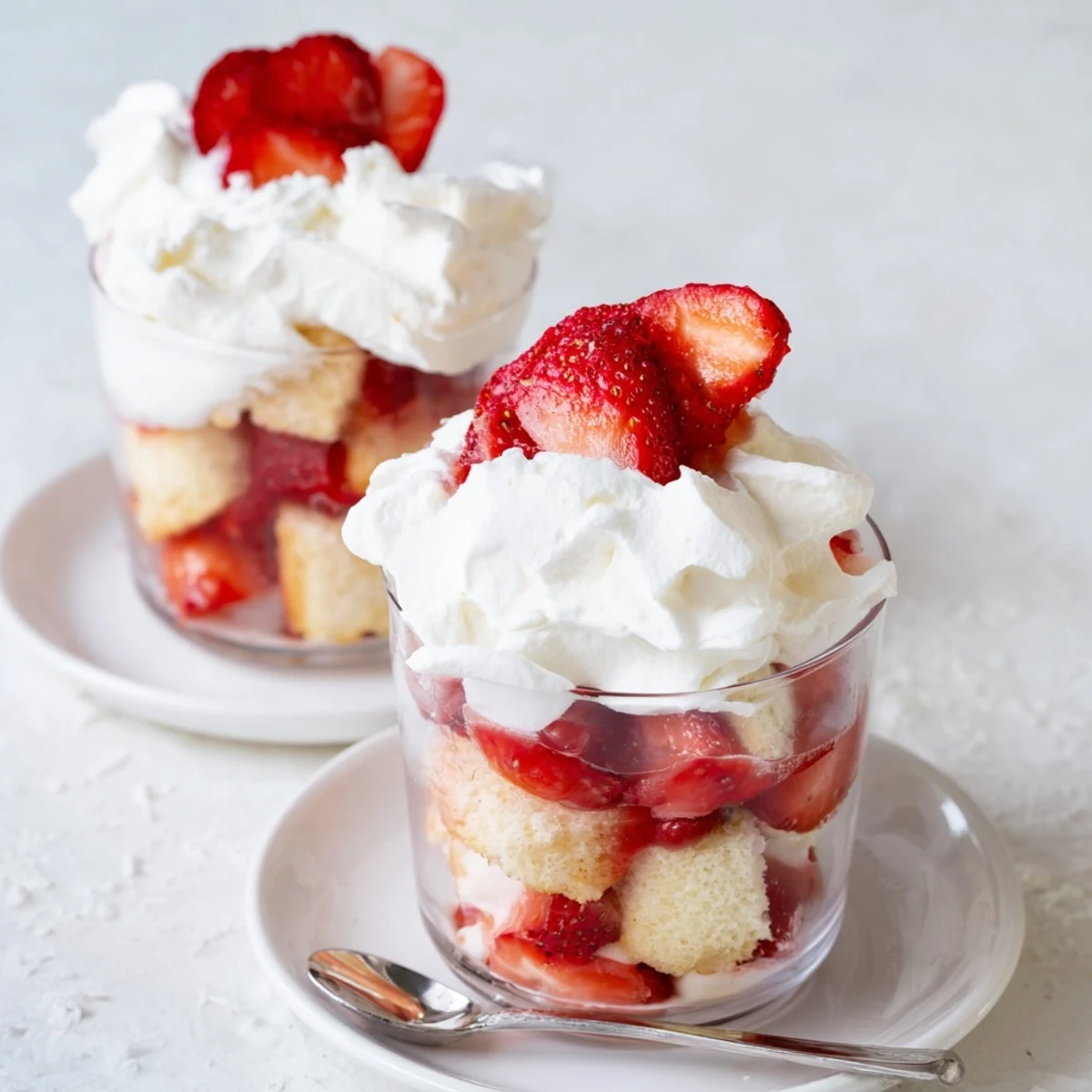 Golden strawberry shortcake cups layered with juicy macerated berries and fluffy whipped cream