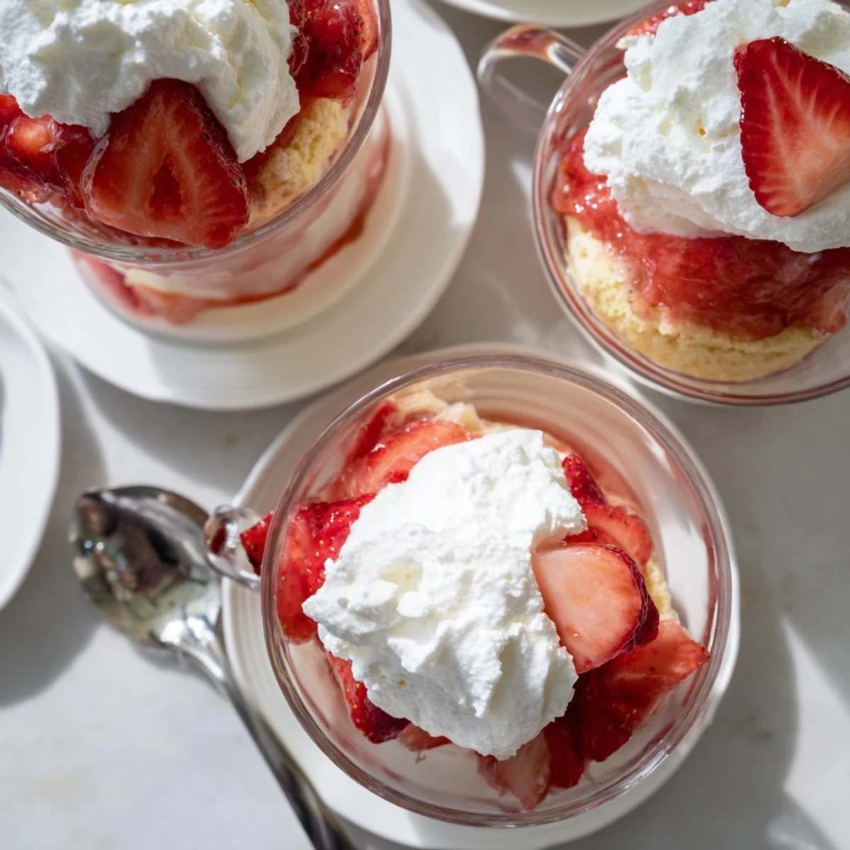Clear dessert cups showing tender shortcake stacked with sweet strawberries and vanilla cream topping