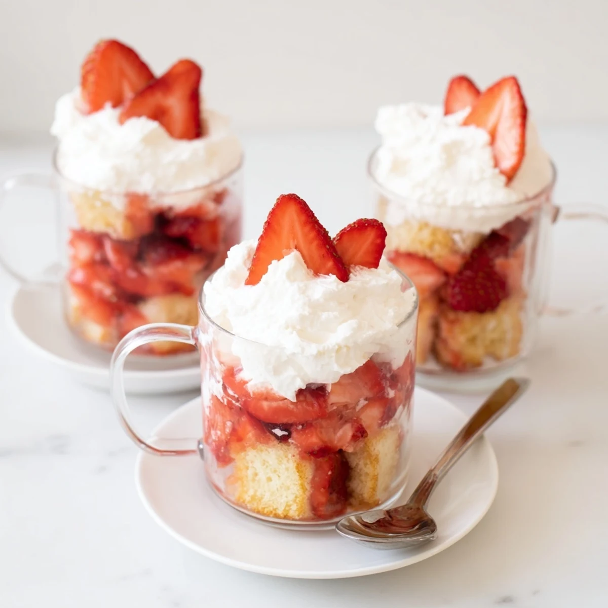 Individual strawberry shortcake cups featuring golden cake layers topped with red berries and white cream
