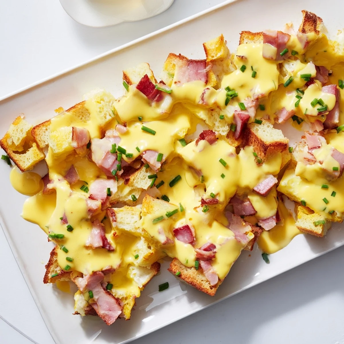 Golden Eggs Benedict casserole with creamy hollandaise drizzled over English muffin layers