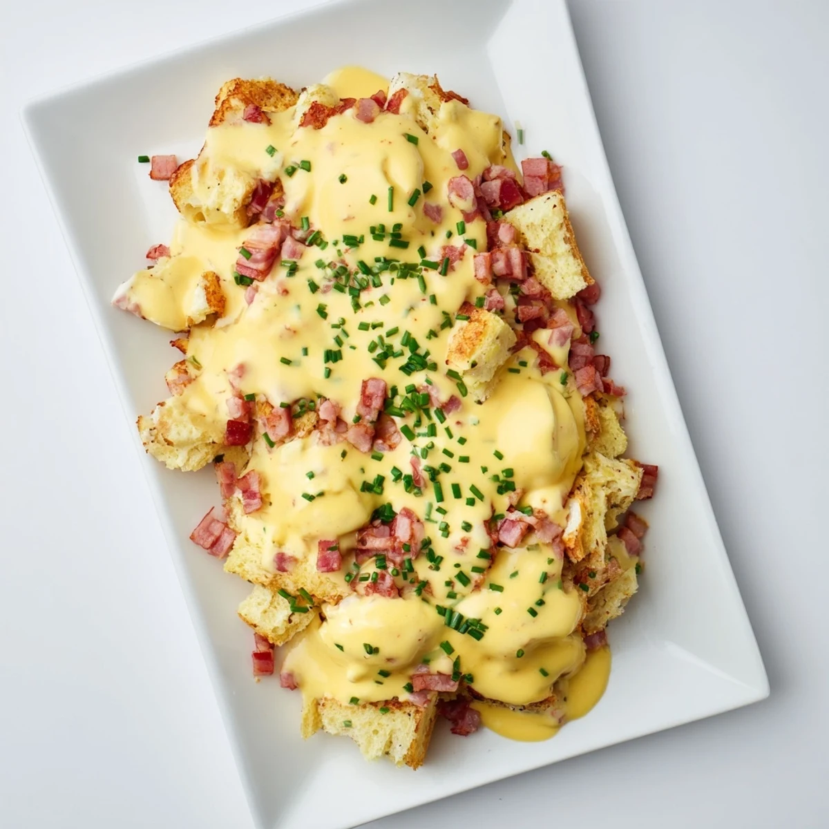 Crowd pleasing brunch dish featuring golden baked eggs topped with velvety homemade hollandaise sauce