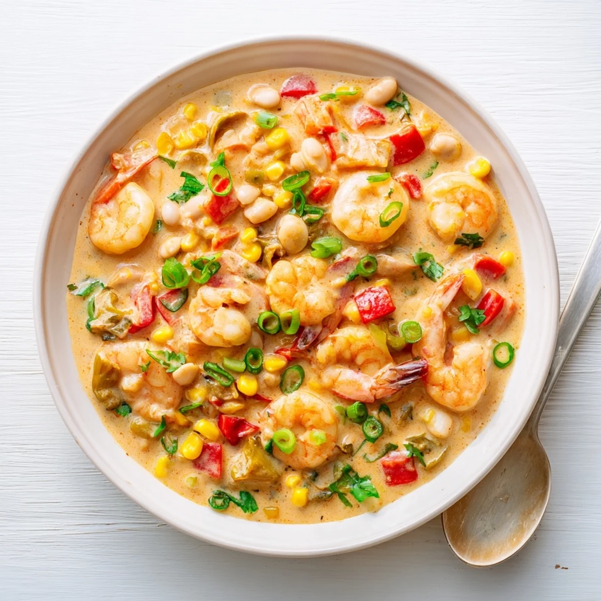 Creamy seafood and shrimp chili featuring tender shrimp in a rich, spicy white sauce with colorful bell peppers